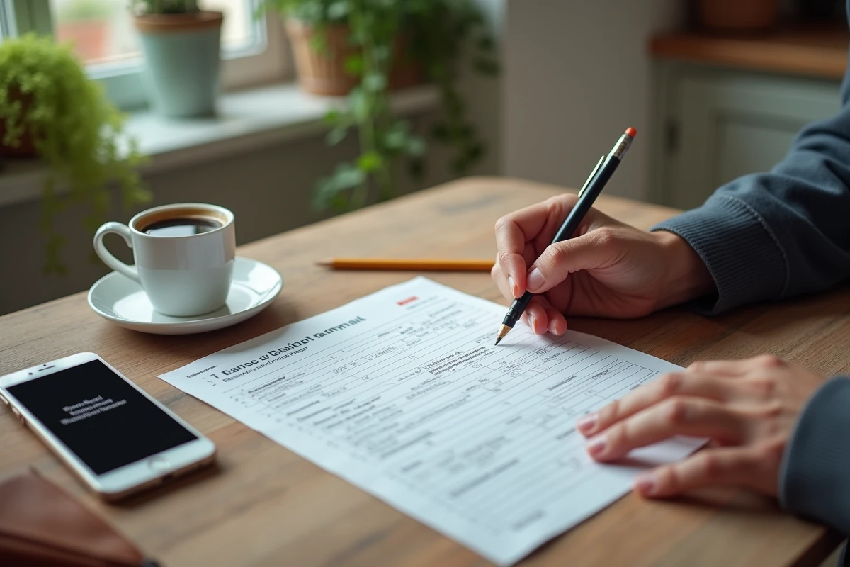 Mains remplissant un formulaire de déclaration fiscale française avec un smartphone affichant une confirmation de virement international