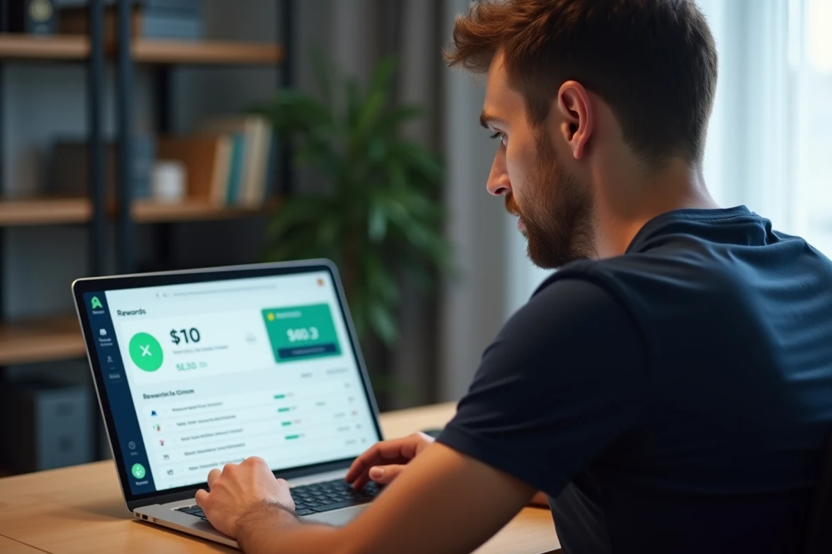Homme complétant des tâches sur Freecash pour atteindre le seuil de retrait minimal sur un tableau de bord de récompenses affiché sur son ordinateur portable