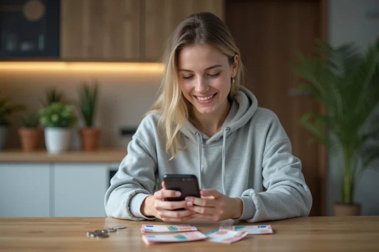 Jeune femme utilisant son smartphone avec des billets et pièces en euros posés sur une table en bois, illustrant le concept de gagner de l'argent rapidement avec des applications mobiles