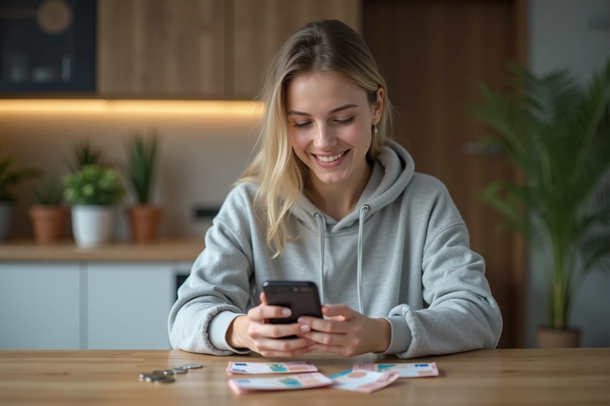 Jeune femme utilisant son smartphone avec des billets et pièces en euros posés sur une table en bois, illustrant le concept de gagner de l'argent rapidement avec des applications mobiles