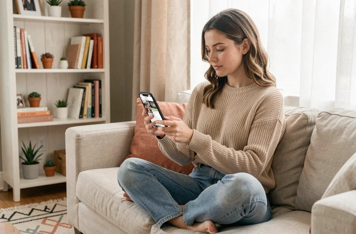Jeune femme consultant son profil de réseau social sur smartphone dans un espace de travail à domicile chaleureux