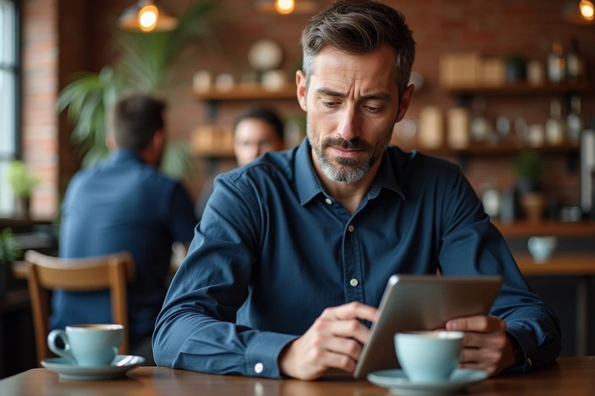 Homme dans un café découvrant les fonctionnalités d'une plateforme de partage sur une tablette numérique