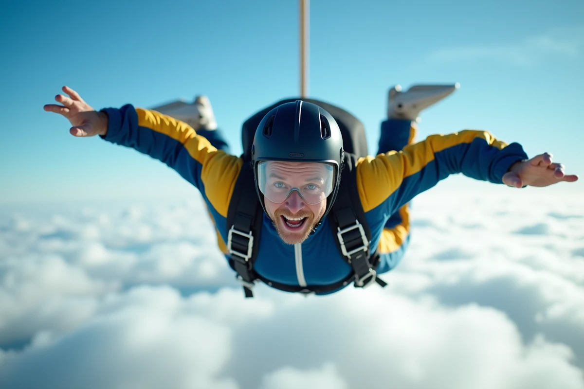 Homme en chute libre en parachutisme avec corps en position arquée, ciel et nuages en arrière-plan