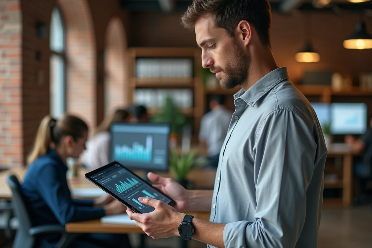 Homme d'affaires consultant un tableau de bord financier sur tablette dans un espace de travail ouvert moderne de type startup