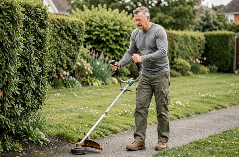 Homme utilisant une débroussailleuse thermique dans un jardin bien entretenu au printemps