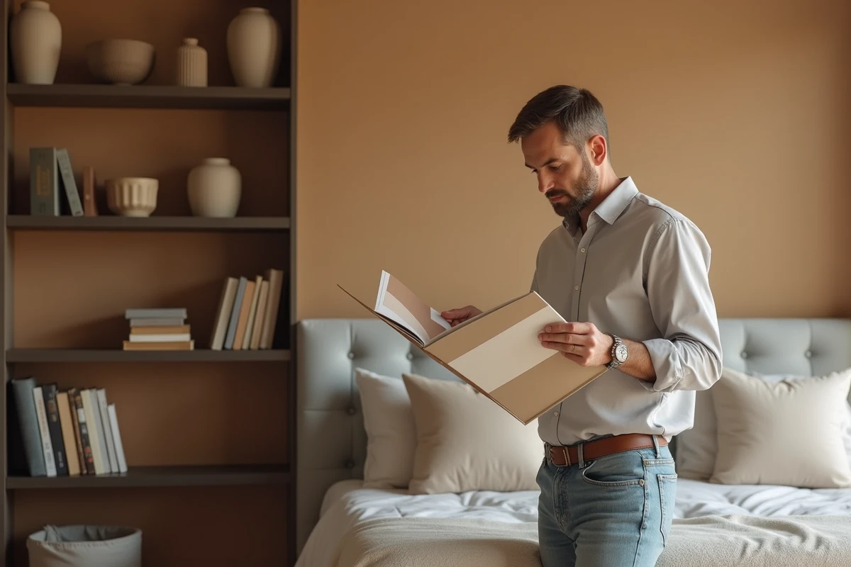 Homme regardant un échantillon de peinture dans une chambre moderne