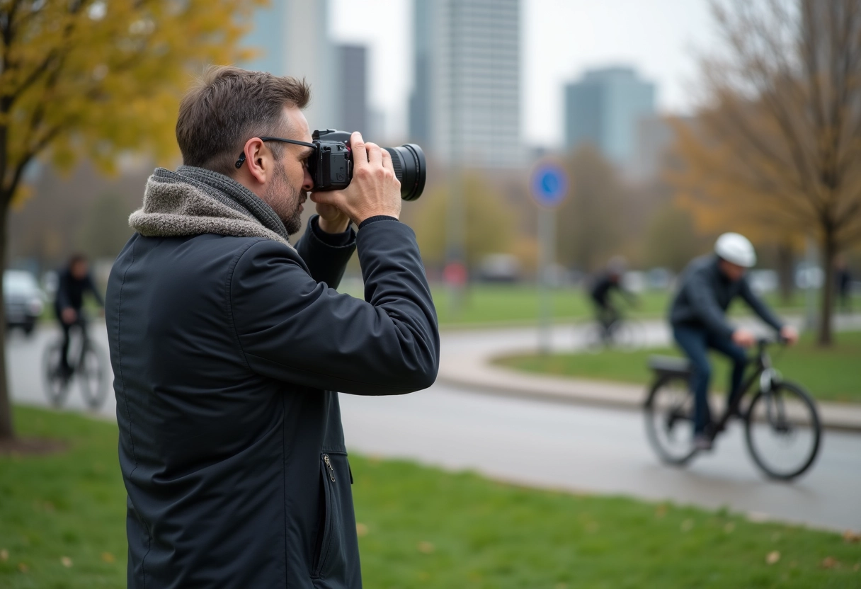 Homme photographiant des cyclistes dans un parc urbain