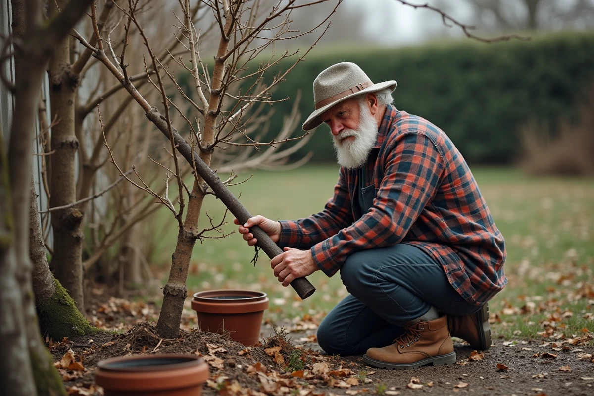 Homme âgé inspecte et coupe branches de mimosa