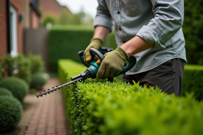 Homme en train de tailler une haie de buis avec un taille-haie sans fil dans un jardin bien entretenu