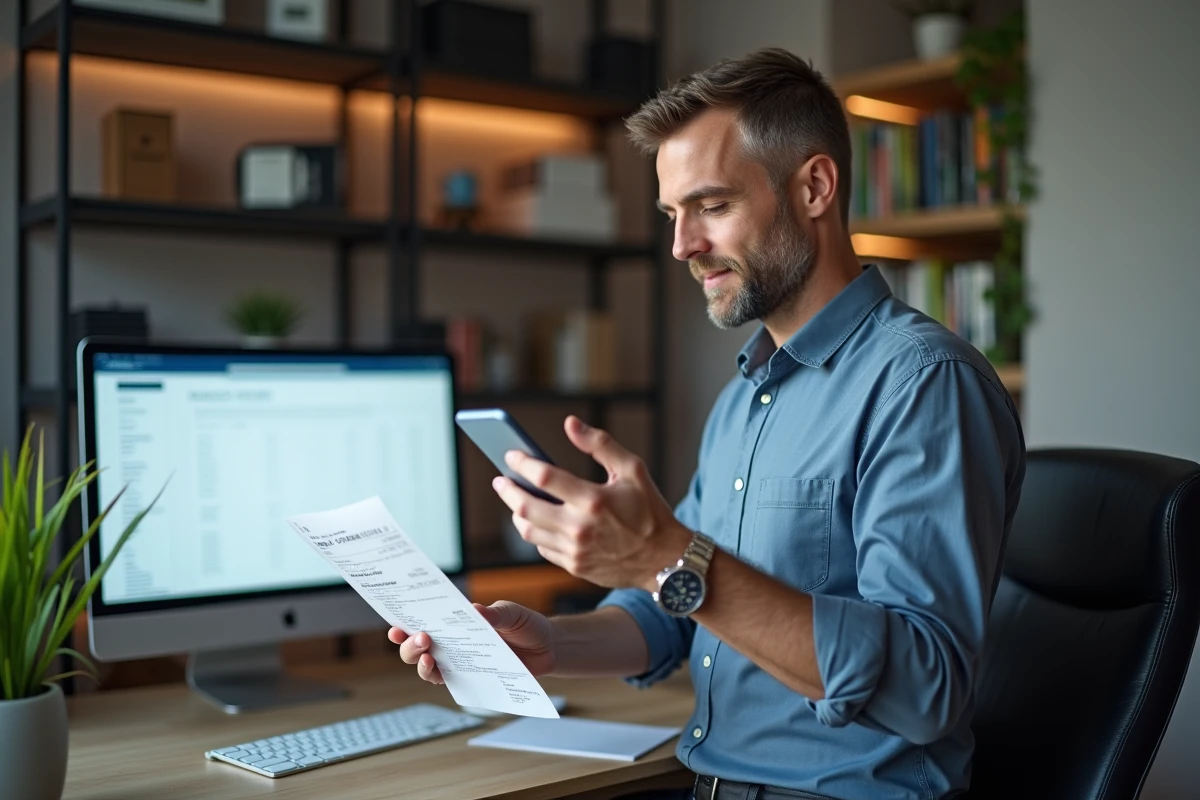 Homme vérifiant un reçu de courses en ligne avec son téléphone