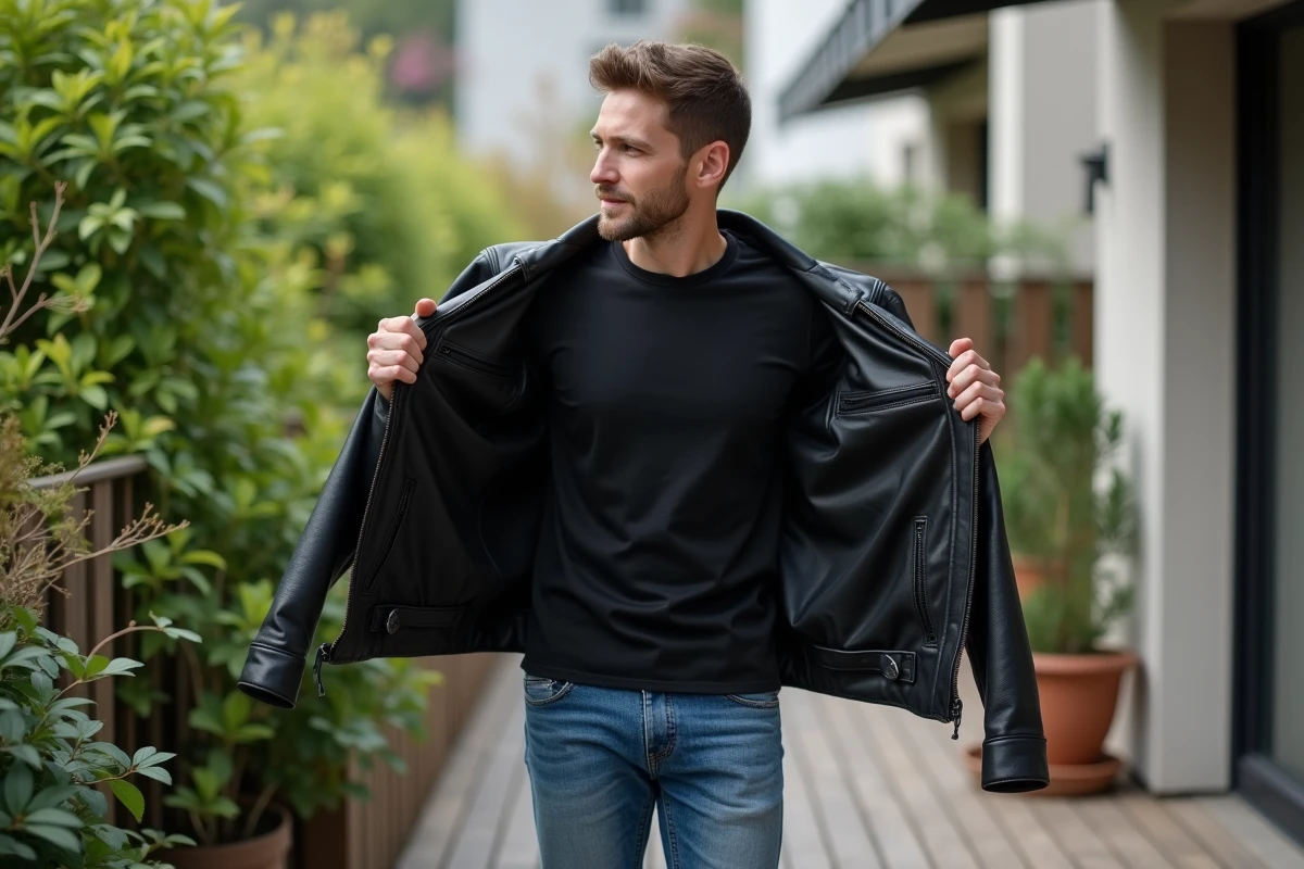 Homme dehors aereant sa veste en cuir sur une terrasse