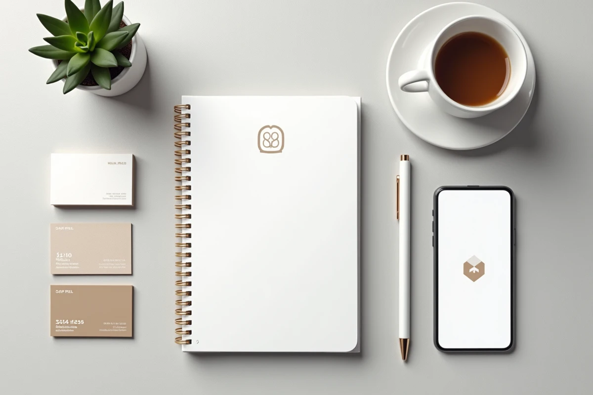 Mise en scène flat lay d'une identité de marque renouvelée avec cartes de visite, smartphone et carnet sur bureau en béton