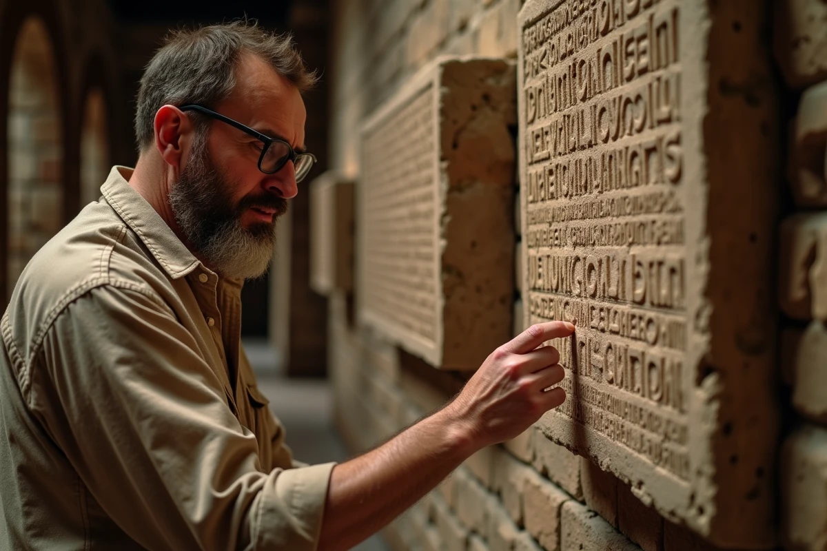 Historien examinant une inscription latine sur une stèle romaine dans un musée archéologique