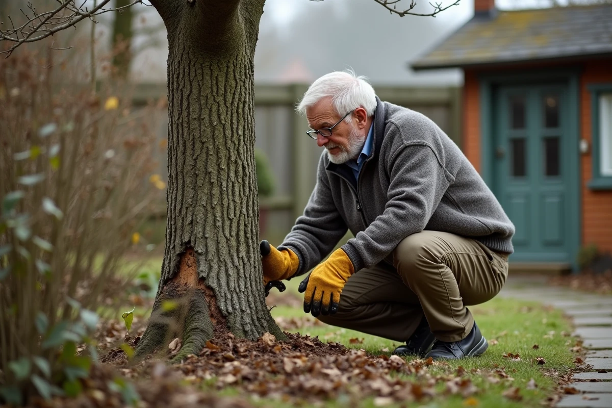 Homme inspectant un mimosa dans un jardin d