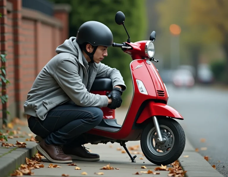 Jeune homme inspectant le moteur d'un scooter 50cc rouge garé sur un trottoir résidentiel