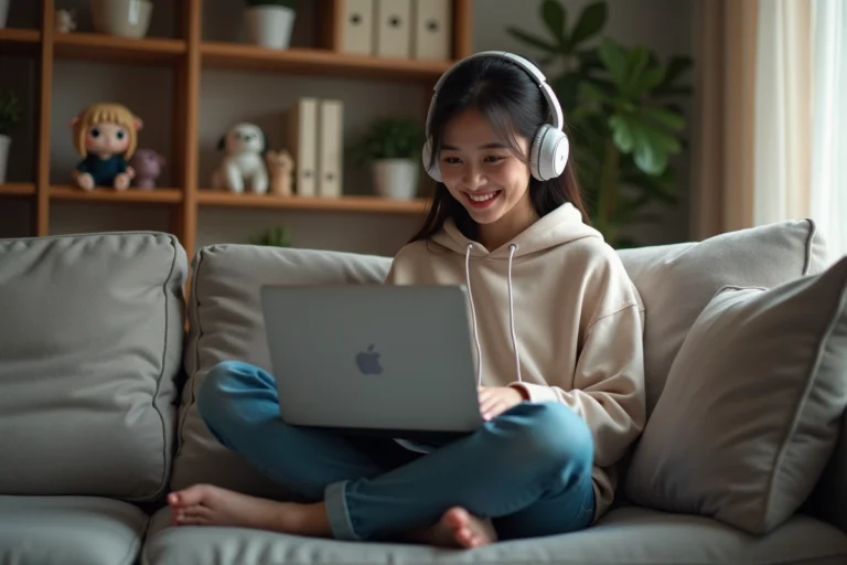 Jeune femme regardant anime dans un salon cosy