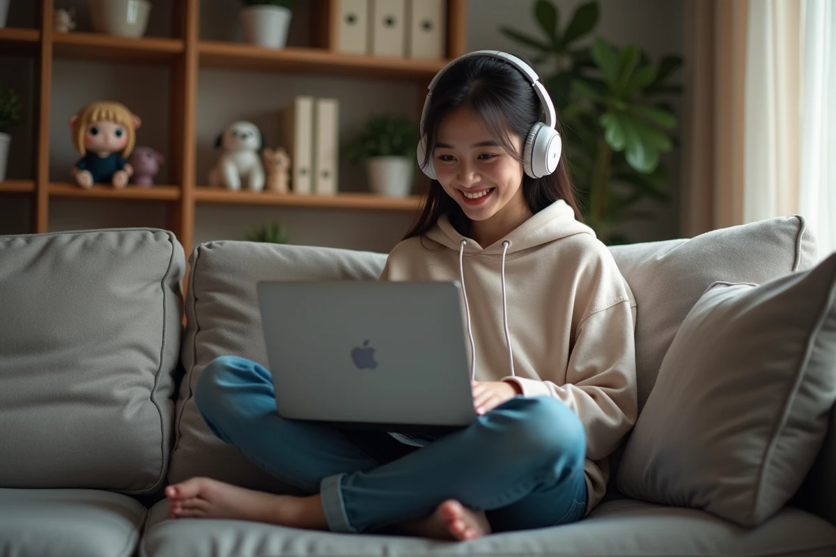 Jeune femme regardant anime dans un salon cosy