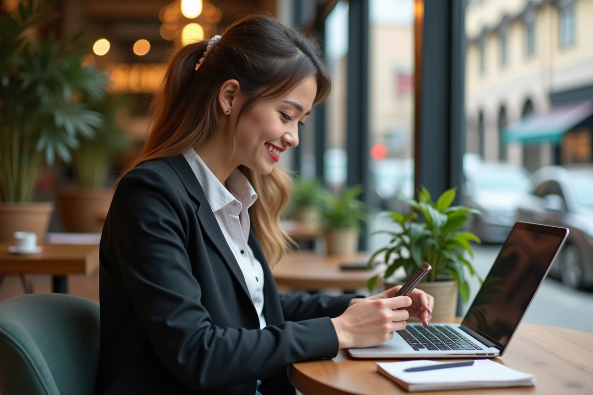Jeune femme entrepreneure travaillant dans un café chaleureux