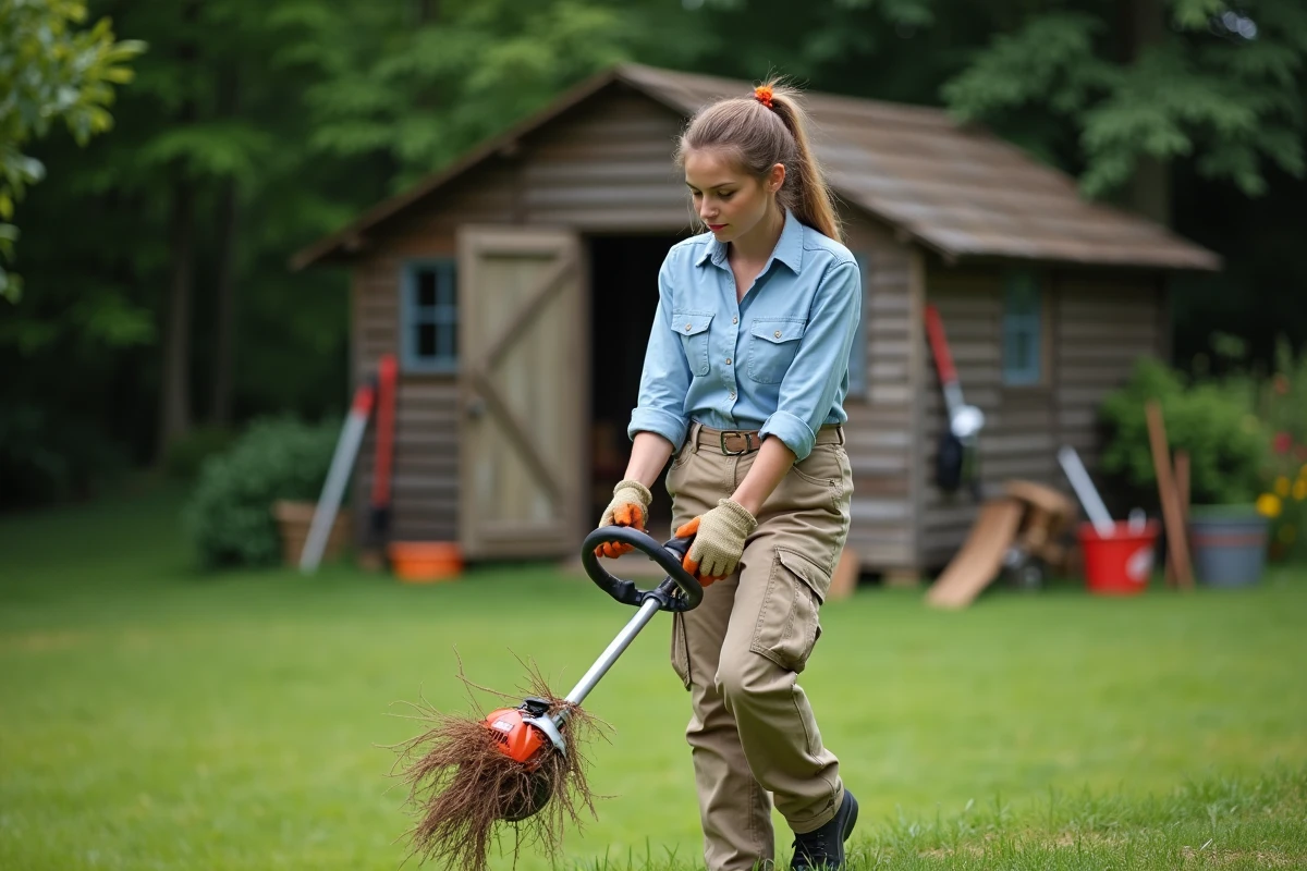Jeune femme testant une coupe-baille dans le jardin