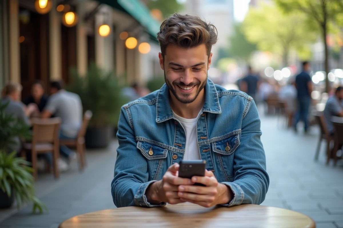 Jeune homme au café consulte des annonces en ligne