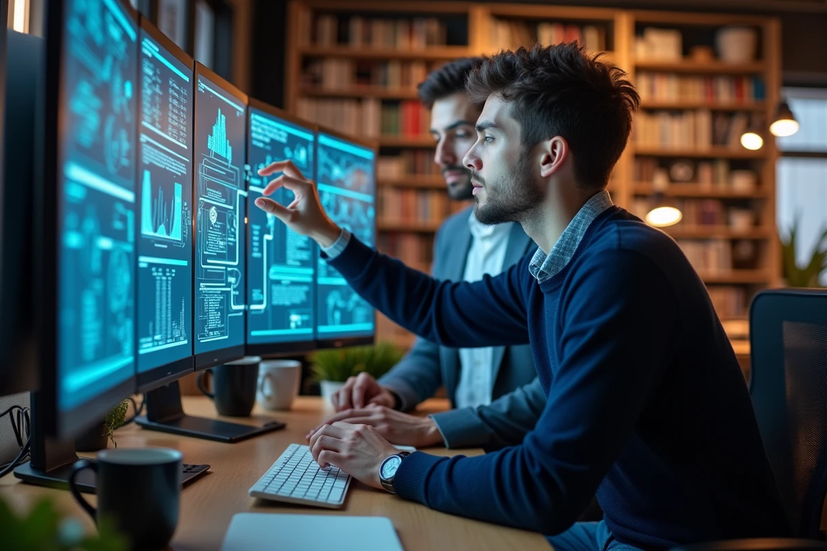 Jeune homme collaborant sur un grand écran avec un collègue