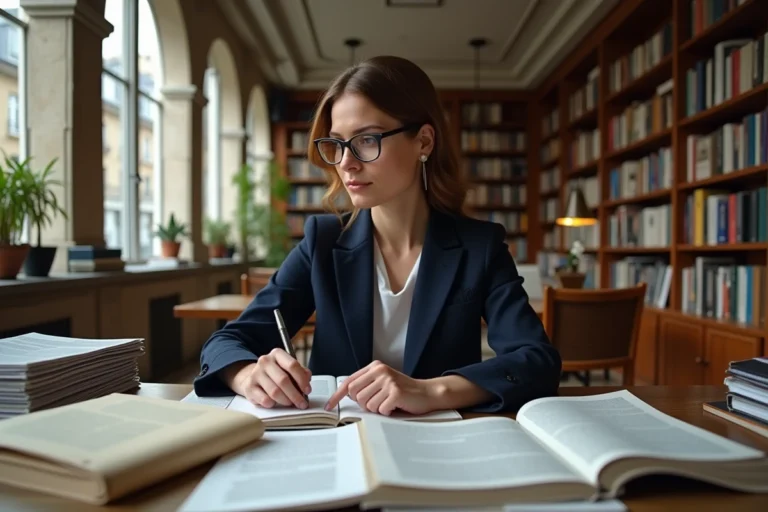 Journaliste européenne lisant une revue culturelle dans un bureau éditorial parisien avec des étagères de livres et des manuscrits annotés