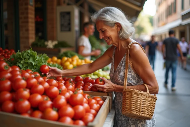 Femme italienne choisissant des tomates au marché de San Remo