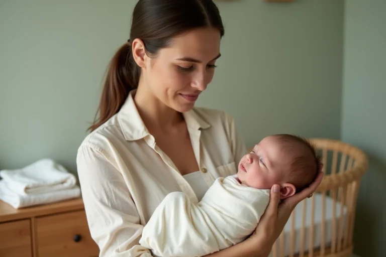 Jeune mère tenant tendrement son nouveau-né emmailloté dans une mousseline pâle dans une chambre de bébé cosy aux tons naturels