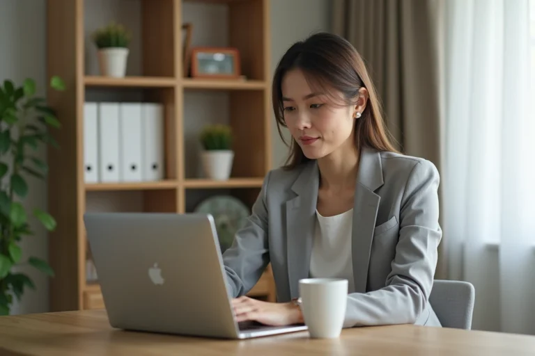 Femme utilisant la messagerie AC Strasbourg depuis son bureau à domicile sur un ordinateur portable