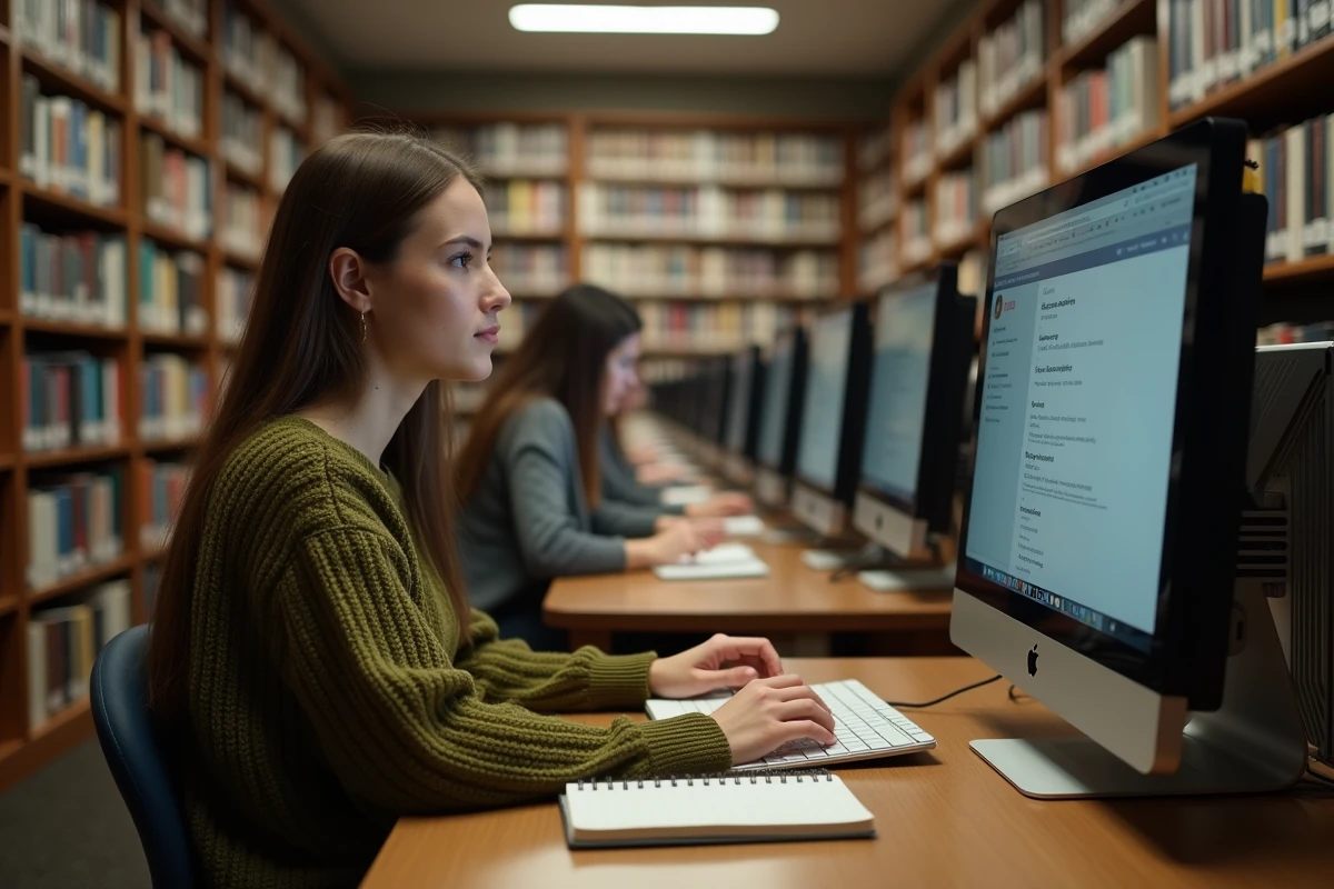 Étudiante accédant à la messagerie AC Strasbourg depuis un ordinateur en bibliothèque universitaire