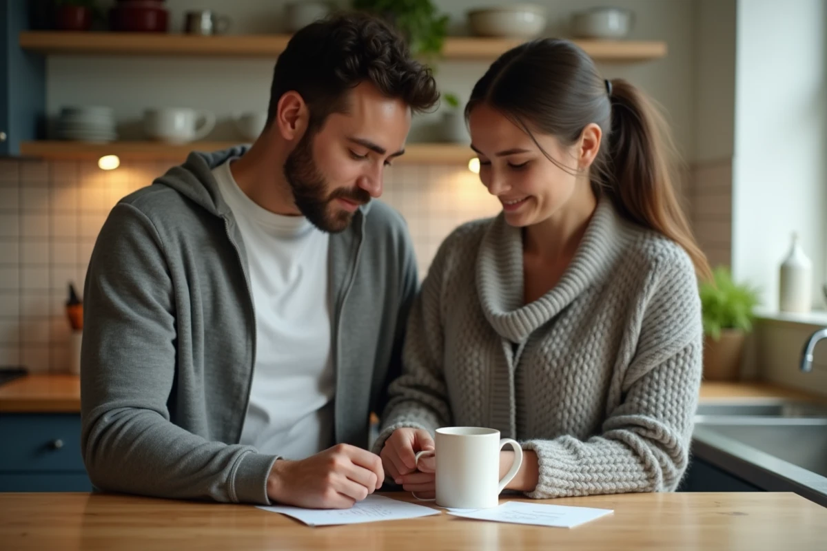 Homme glissant un mot affectueux sous la tasse de café de sa partenaire dans une cuisine chaleureuse, symbolisant les petites attentions et les surnoms doux dans le couple