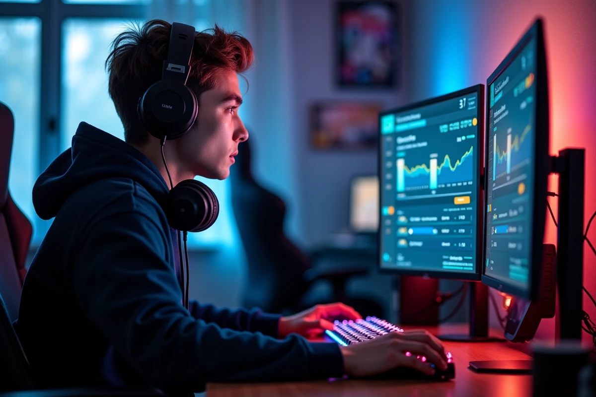 Jeune gamer concentré sur sa configuration de jeu compétitif pour réaliser des missions MyBoosting bien rémunérées, avec un tableau de paiement visible sur un second écran