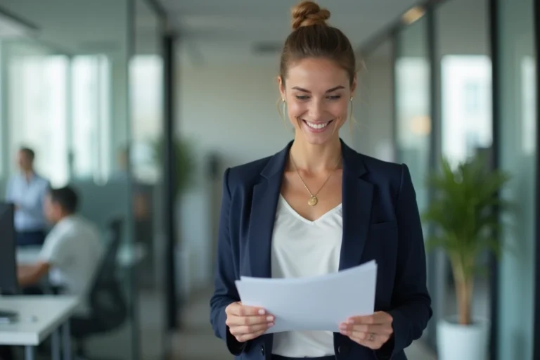 Femme professionnelle consultant un document dans un espace de coworking moderne, illustrant le rebranding d'une entreprise en 2026