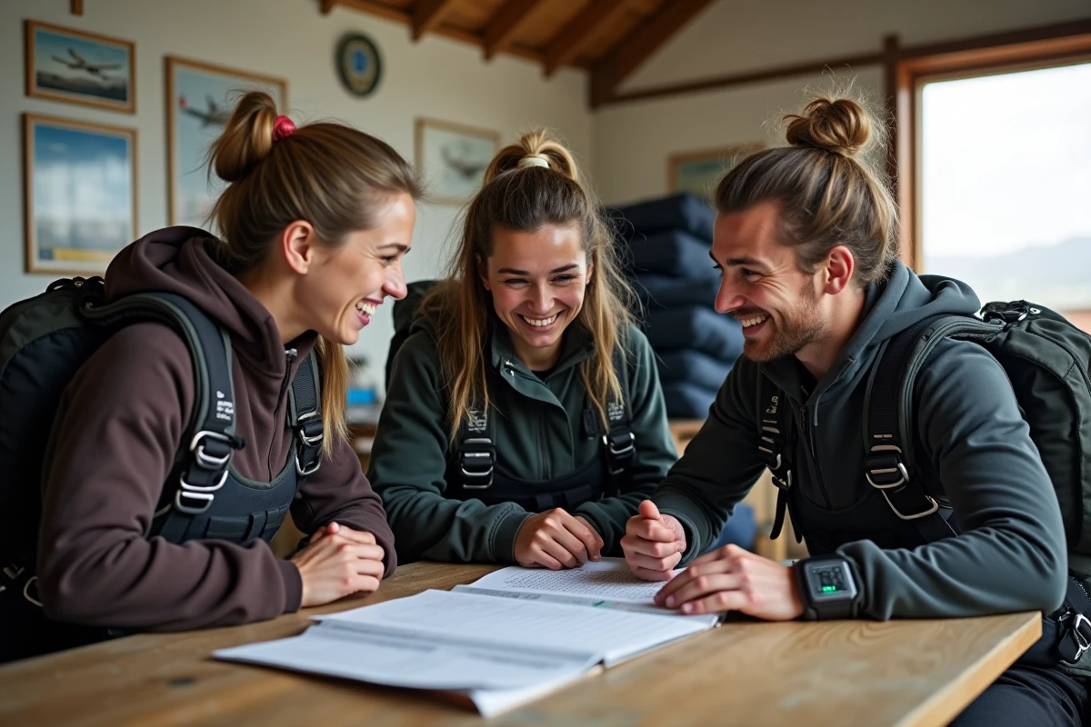 Trois parachutistes analysant leurs données de calories et leur carnet de sauts dans une salle de briefing d'aérodrome