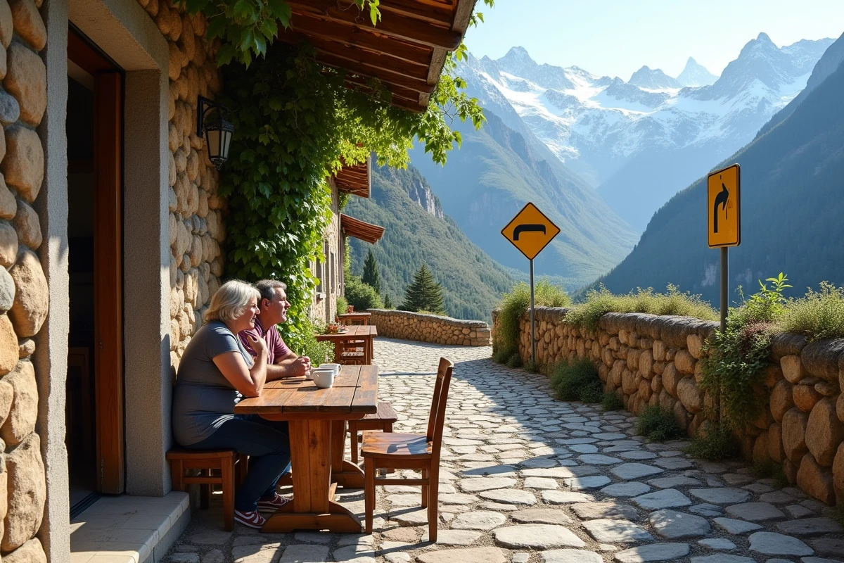 Couple faisant une pause café en terrasse dans un village pyrénéen catalan le long de la route N-260 avec vue sur les sommets enneigés