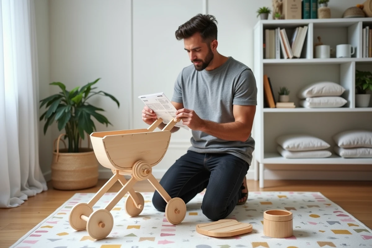 Père assemblant une poussette en bois de style scandinave sur un tapis de jeu dans un salon d'appartement moderne
