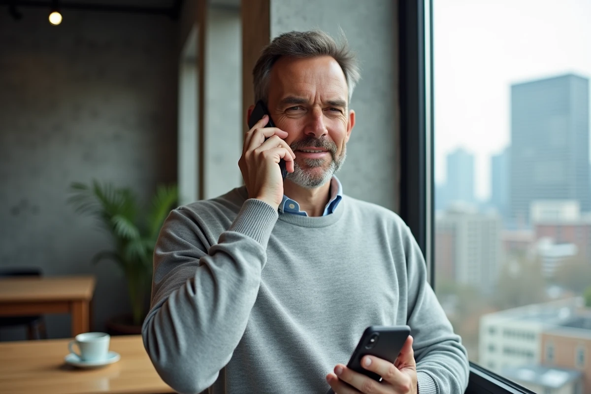 Man making a professional phone call in a coworking space to contact an expert