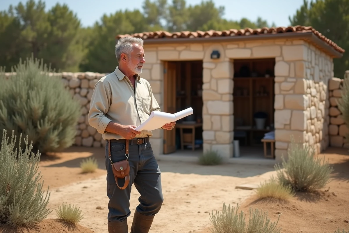 Propietario consultando documentos de permiso de construcción frente a un cobertizo de piedra en terreno agrícola no constructible