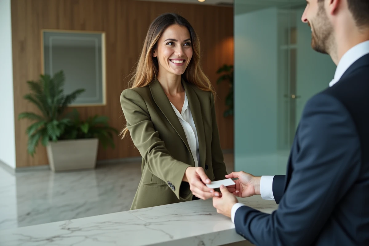 Woman handing a business card at the reception of a company during a successful contact