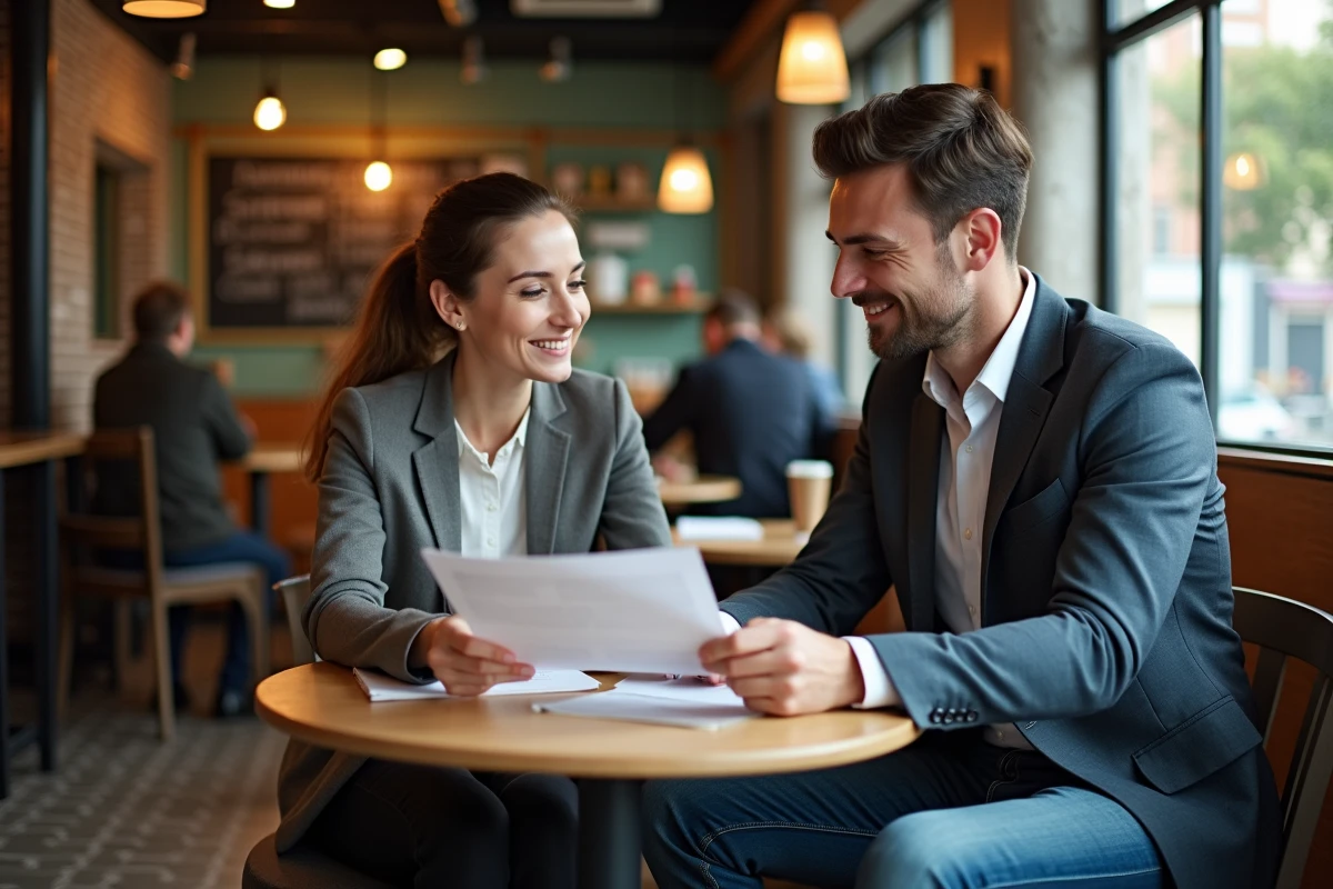 Deux auto-entrepreneurs discutant de documents professionnels dans un café urbain lors d'une réunion informelle de travail