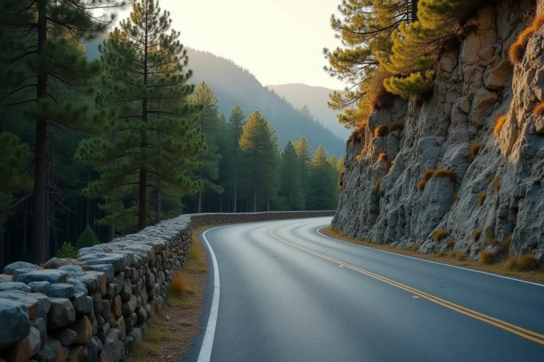 Route sinueuse de la N-260 traversant les forêts de pins et falaises calcaires des Pyrénées aragonaises en Espagne