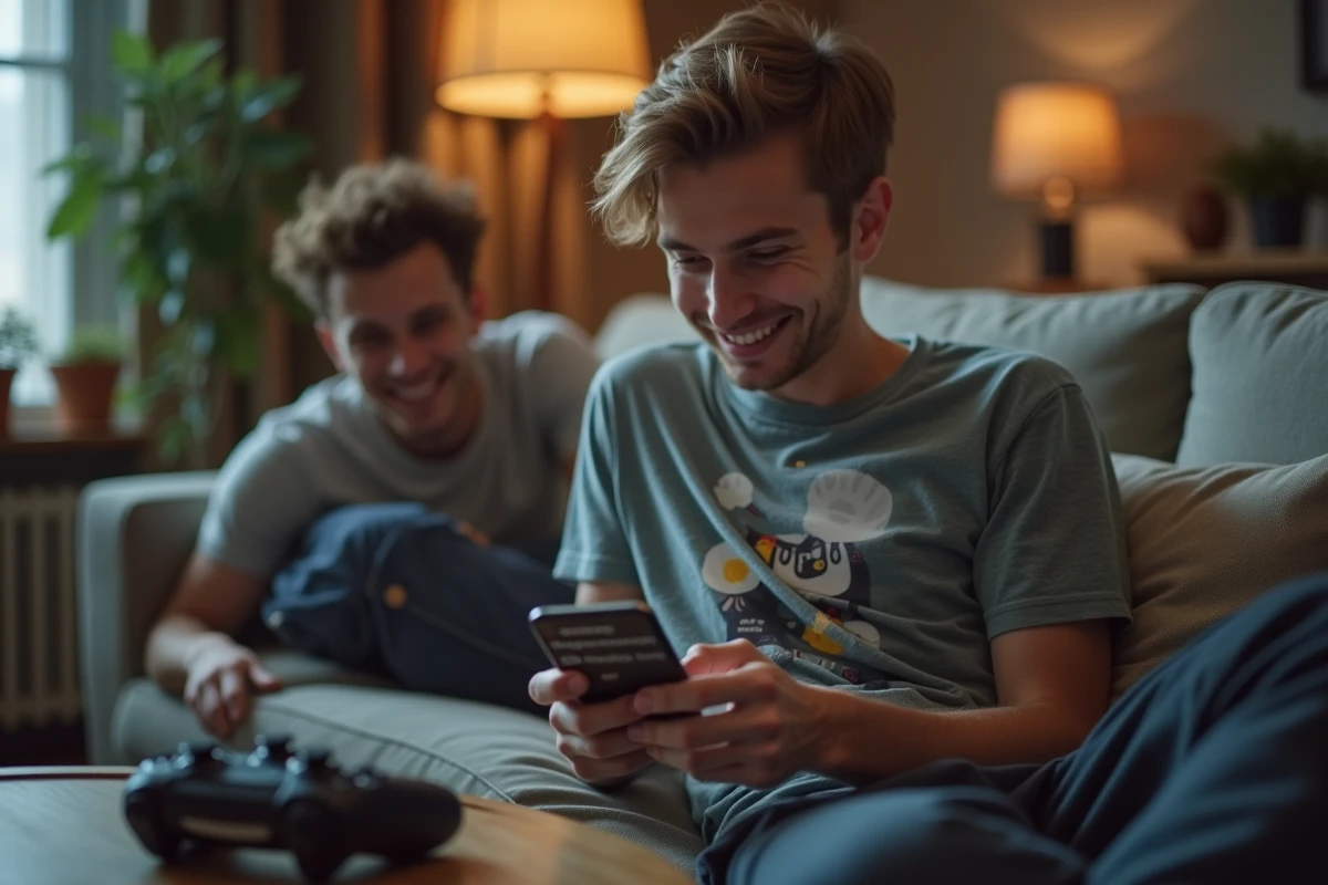 Jeune homme jouant à des jeux mobiles sur Savebucks depuis son canapé pour gagner de l'argent, avec des notifications de récompenses visibles sur l'écran