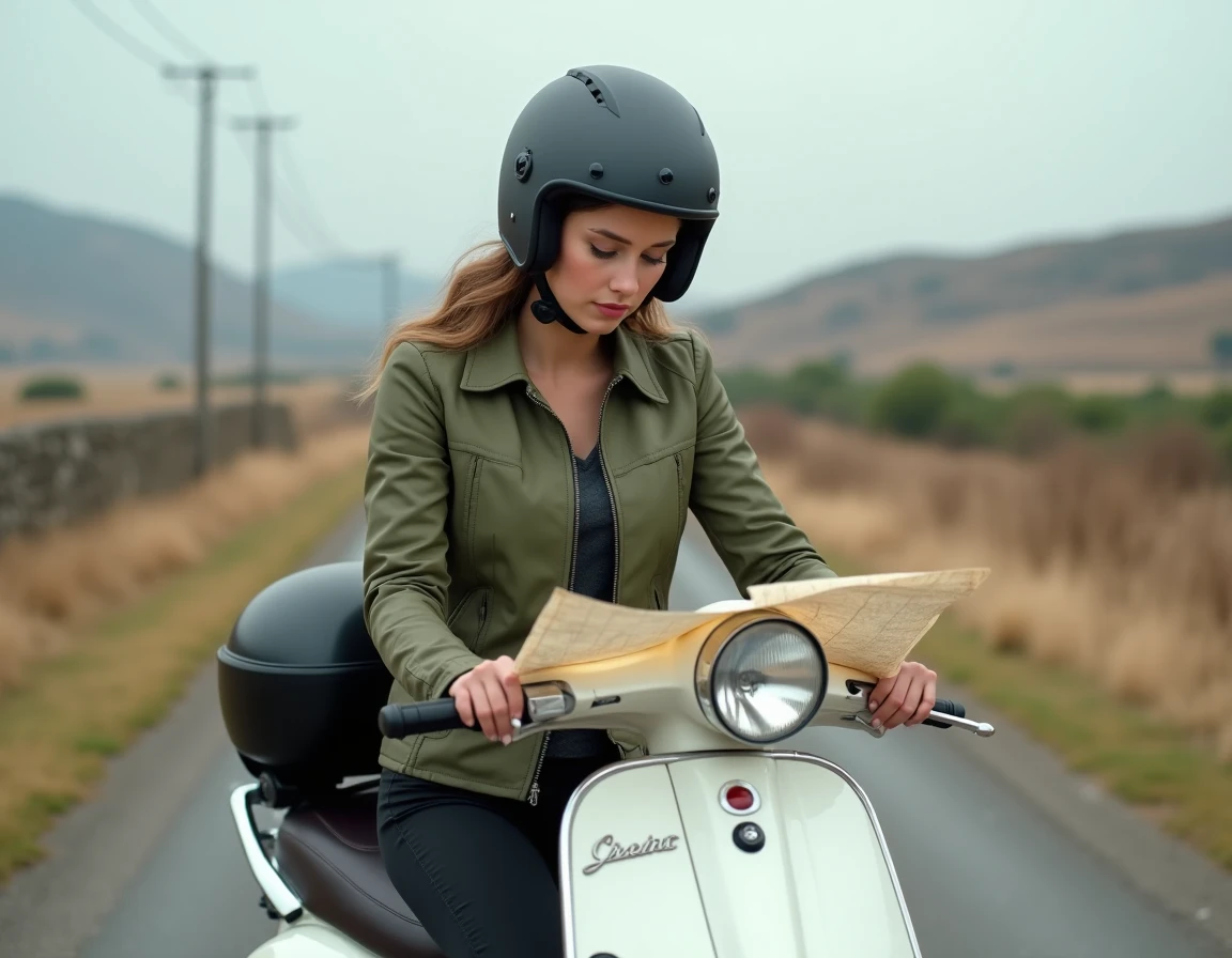 Jeune femme avec un scooter 50cc blanc consultant une carte sur une route de campagne