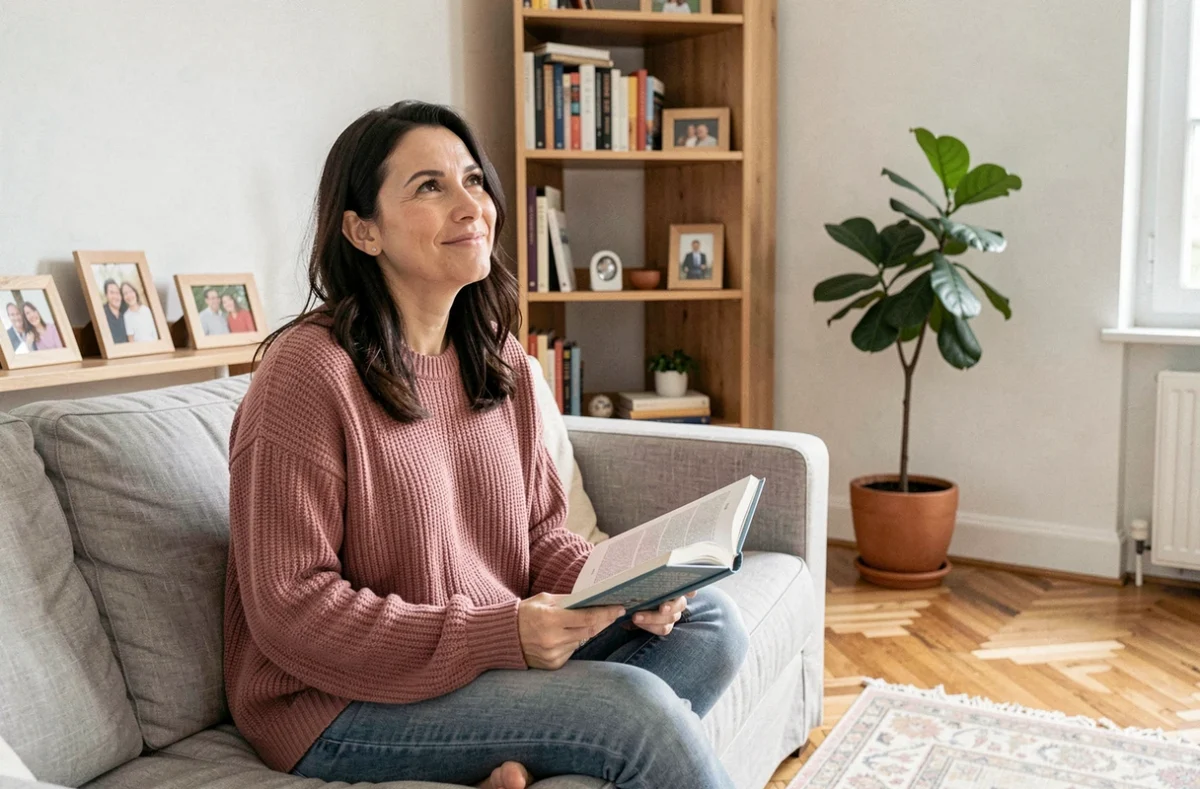 Séverine Parlakou souriante dans son salon, ambiance cosy et familiale avec livres et photos personnelles