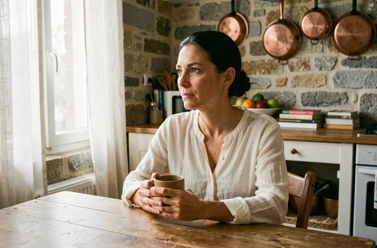 Séverine Parlakou dans son appartement parisien, assise à la table de cuisine avec une tasse, atmosphère intime et familiale