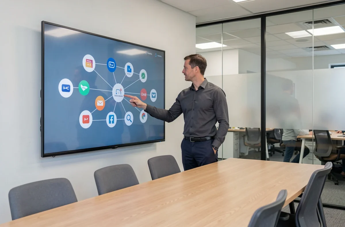 Professionnel présentant une stratégie de visibilité digitale sur un écran interactif en salle de réunion