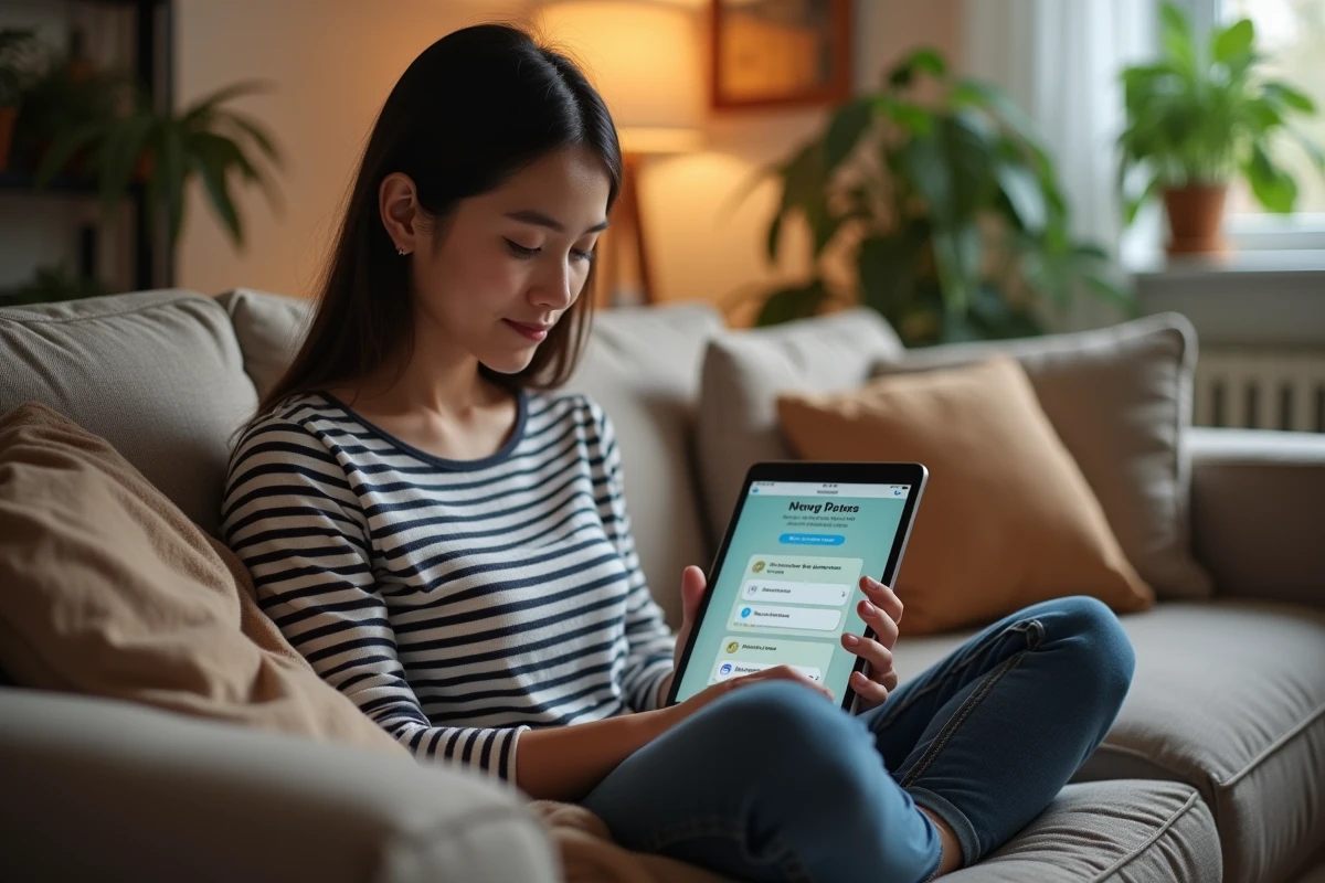 Jeune femme utilisant une tablette pour accomplir des missions variées sur Swagbucks avec une option de paiement via PayPal visible à l'écran