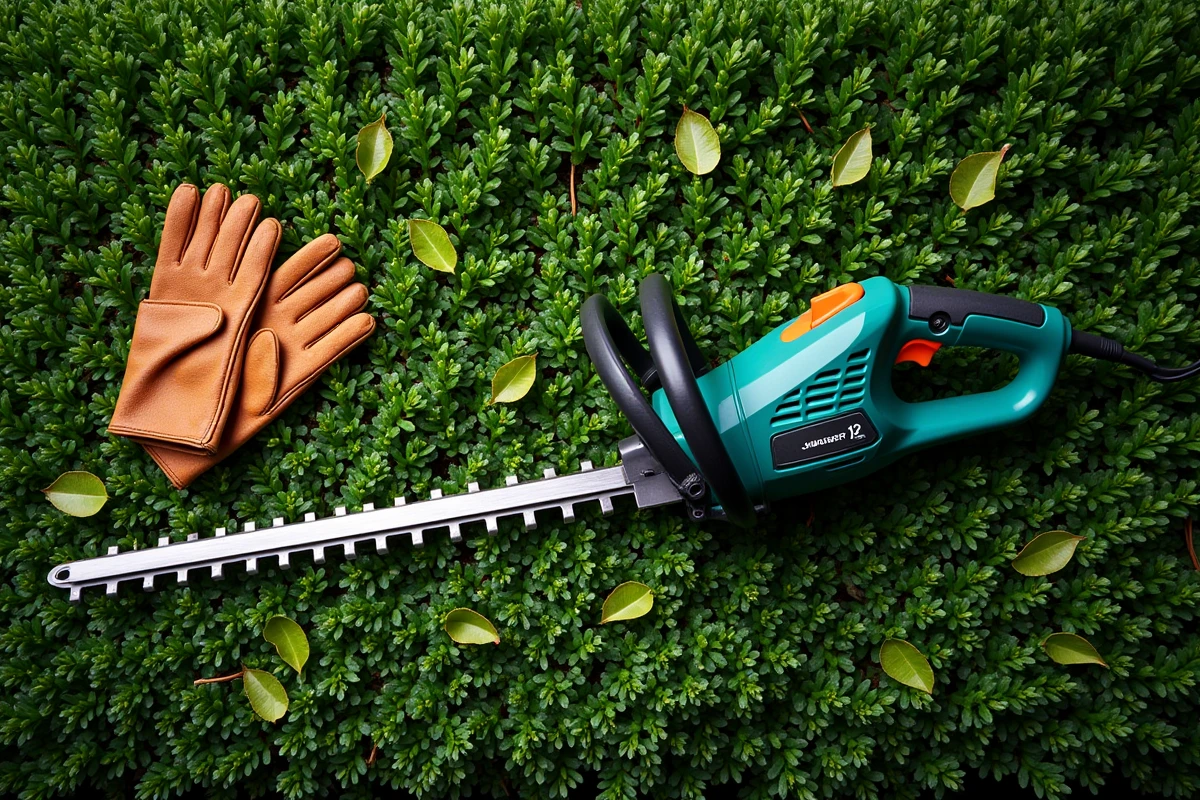Vue de dessus d'un taille-haie électrique posé sur une haie d'if fraîchement taillée avec des gants de jardinage