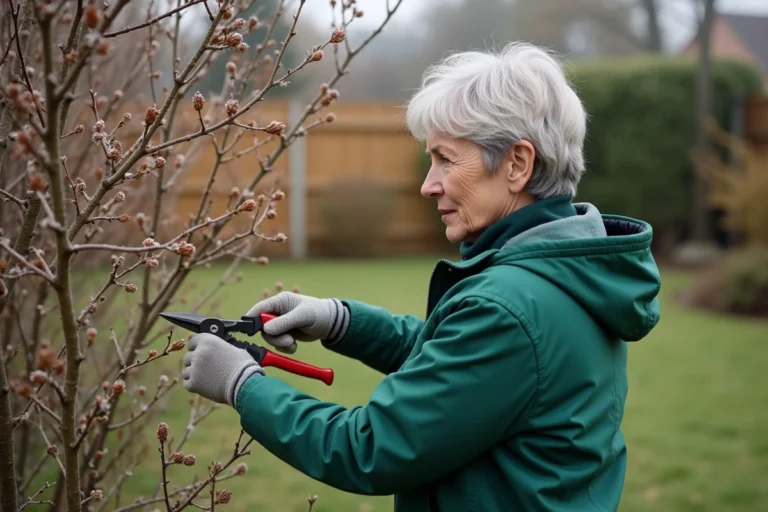 Femme taillant un mimosa dans un jardin serein