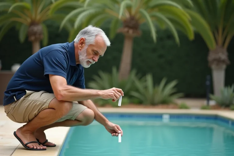 Homme testant l'alcalinité de l'eau d'une piscine avec une bandelette de test colorée